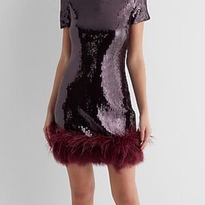Women’s Express Sequin Dress with Feather Hem- Burgundy size small